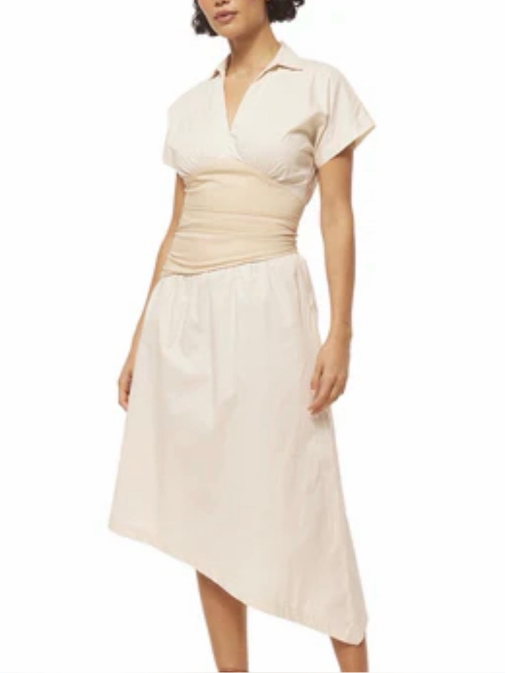 Misa Los Angeles Cream Midi V-Neck Dress with Ruched Waist